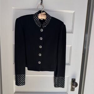 St. John Evening by Marie Gray Black Blazer with Patterned Trim Size 2